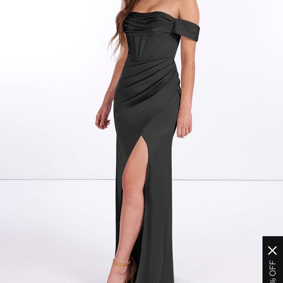 Azazie Kendall + Kylie English rose sheath off the shoulder stretch satin dress - Picture 8 of 9